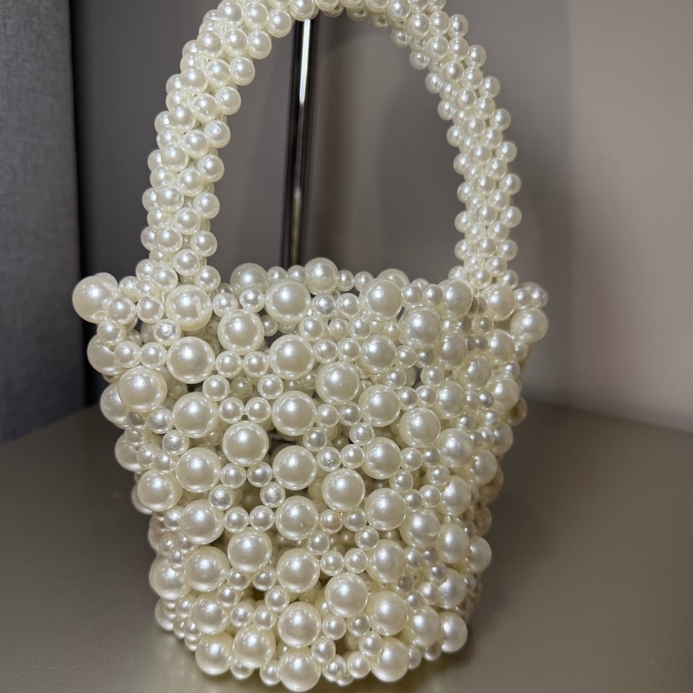 Elegant Handmade Pearl Beaded Bag – White Evening Purse with Detachable Strap